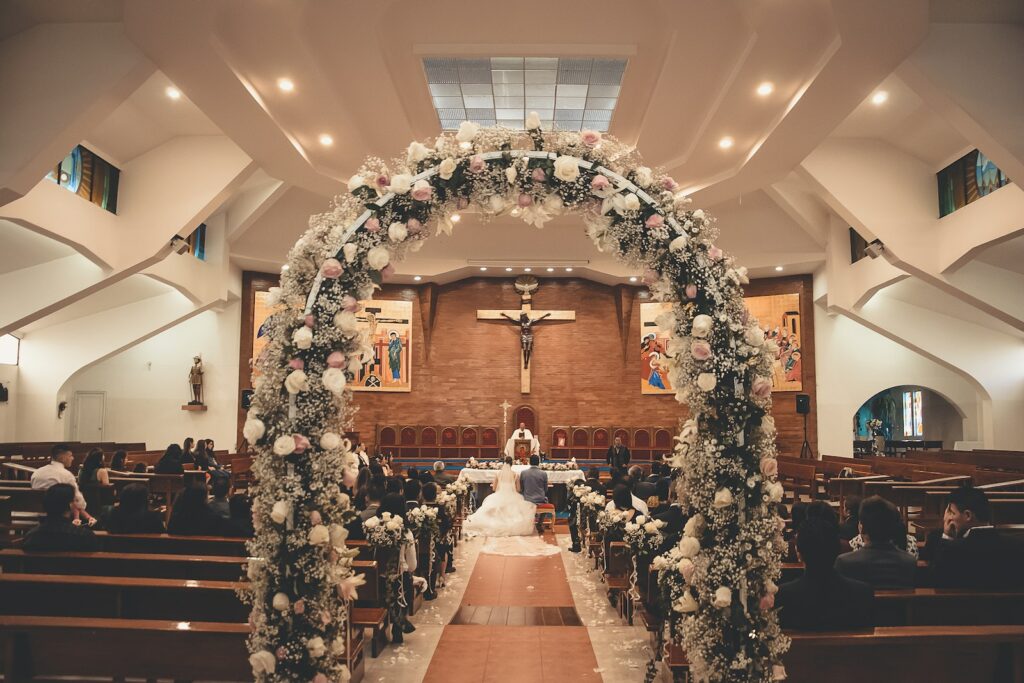 Bride and Groom Inside the Church With Wedding Setup