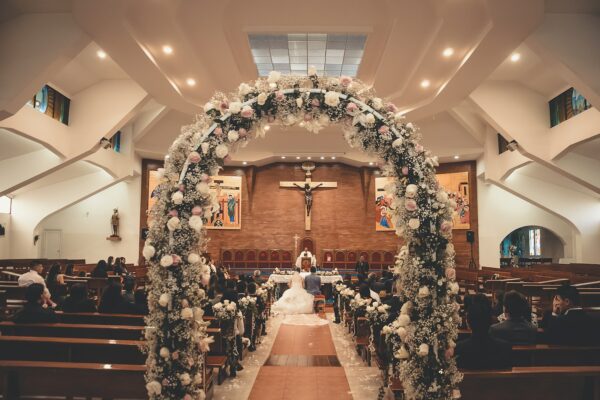 Bride and Groom Inside the Church With Wedding Setup